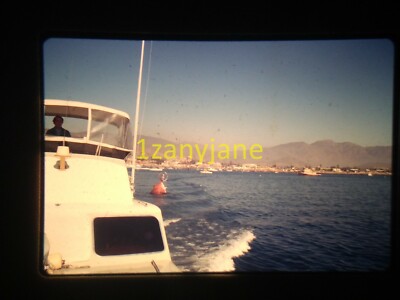 3S19 VINTAGE Photo 35mm Slide LARGE BOAT/SMALL YACHT OPEN WATER BOUY HILLS SHORE