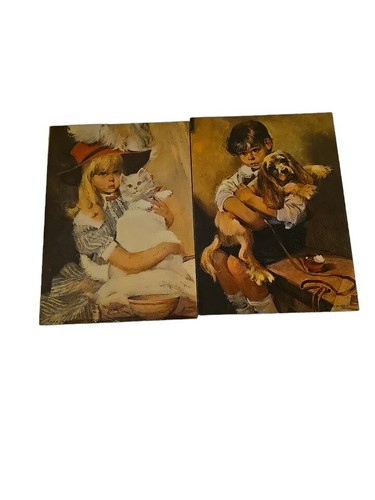 Vintage Lithograph Prints Little Girl w/Cat & Little Boy w/Puppy 5"X7" - Picture 5 of 9