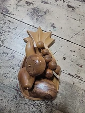 Vintage Solid Wood Fruit On Pineapple Plate 6 Piece set Pomegranate Banana Grape