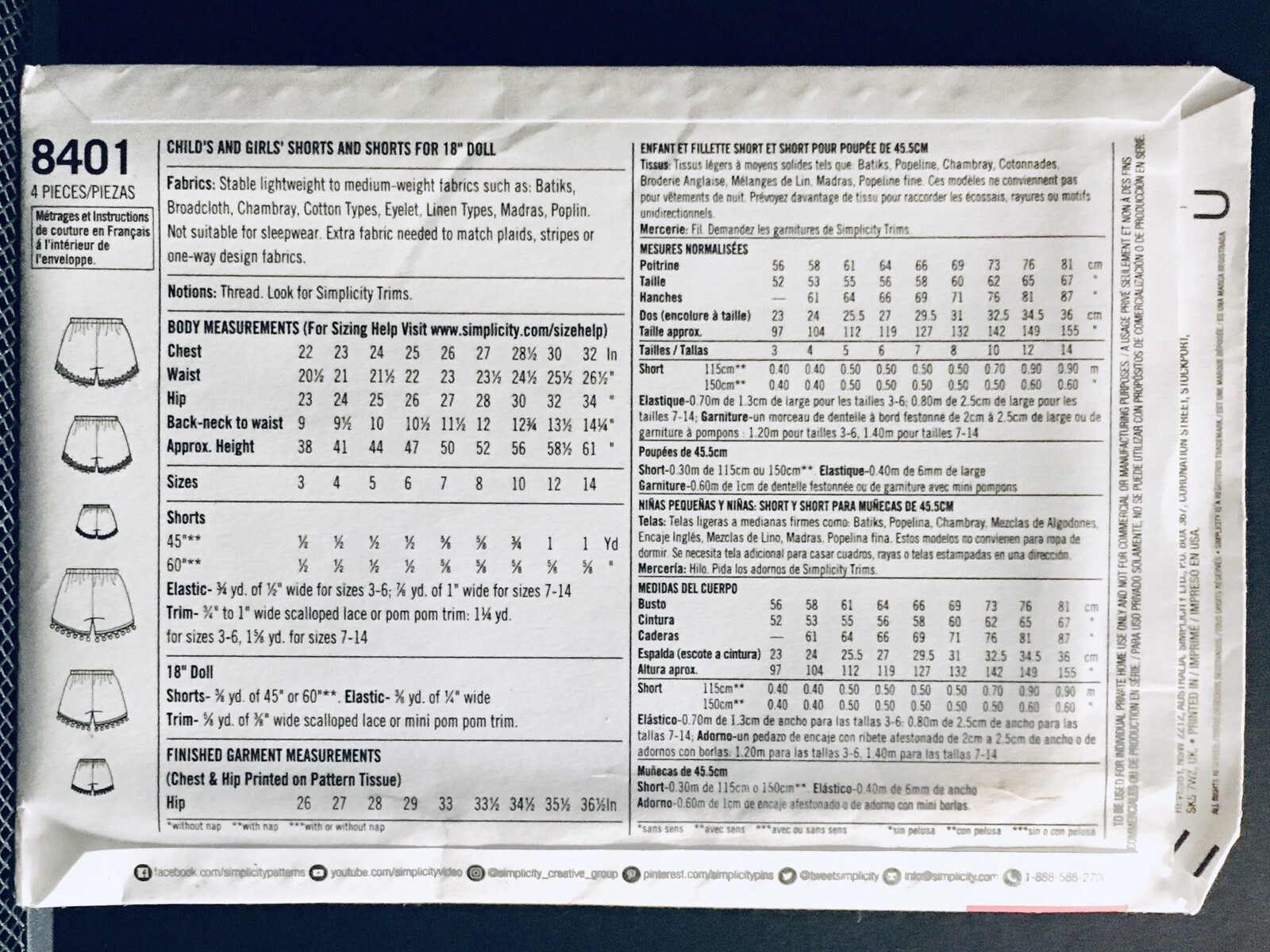 Simplicity Pattern 8401 K5 American Girl Doll Underwear Shorts NEW