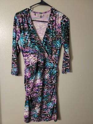 Jennifer Lopez Dress Size M Purple Teal Slinky 3/4 Sleeves Surplice 