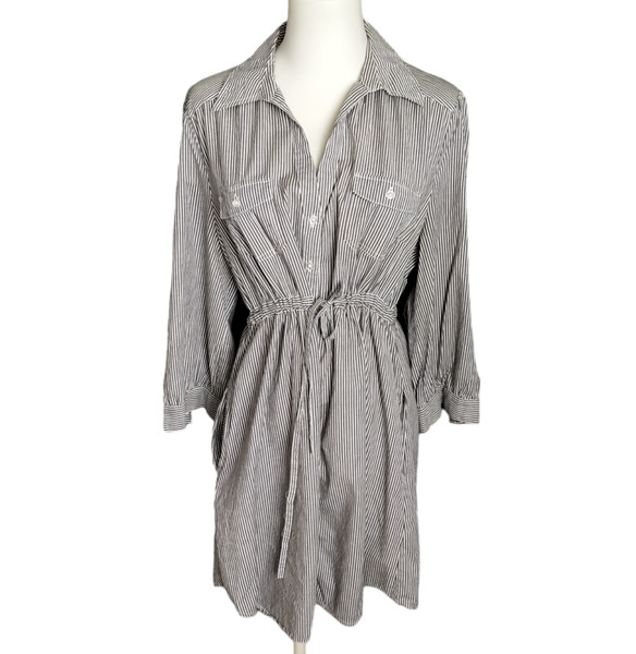 Jacqui E Collared 3/4 Sleeve Grey White Stripe Collared Shirt Mini Dress Size 14