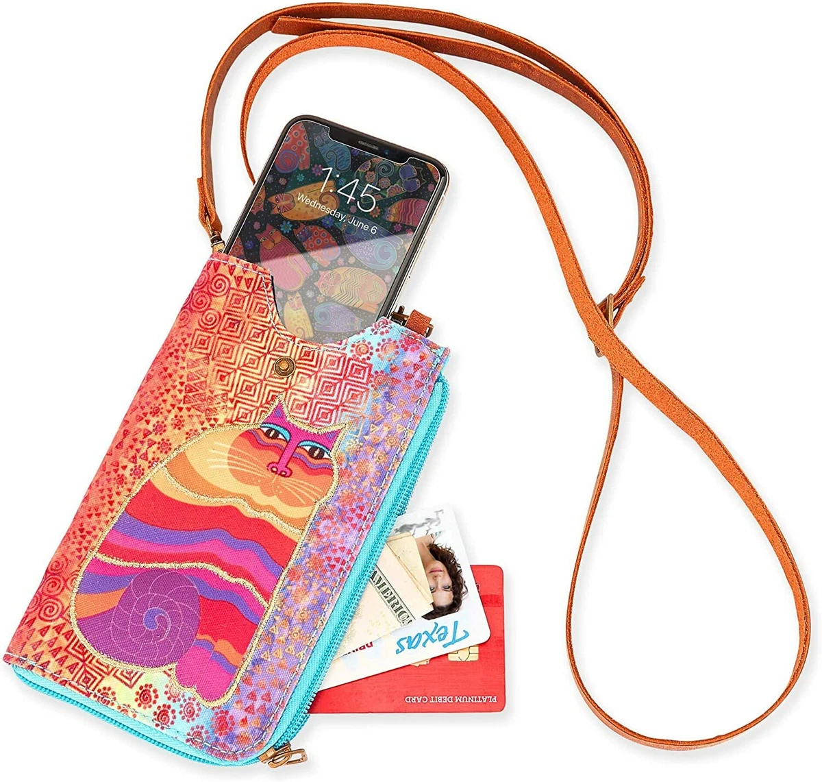 Laurel Burch Crossbody Cell Phone Purse Rainbow Love Canvas C. Orange Cat