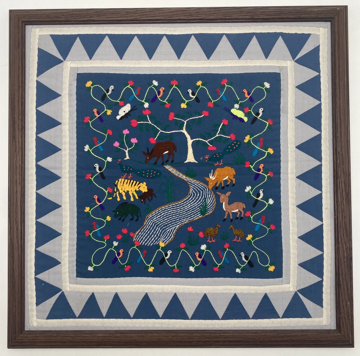 Hmong Story Cloth Tapestry Embroidered Animals Nature Handstitched Framed Vtg