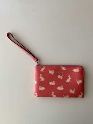 New COACH Wristlet Small Pouch Wallet - Pink With White Rabbits, Lunar ...