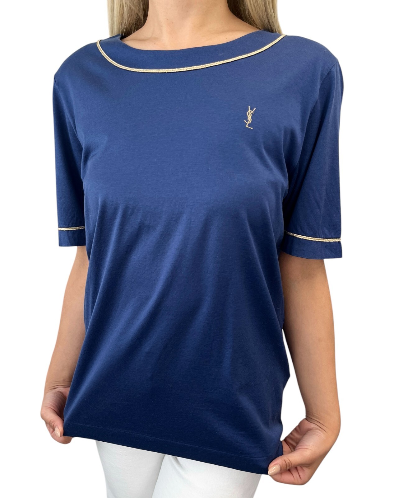 Maglione Yves Saint Laurent Vintage Logo YSL #M Blu Scuro Oro Glitter