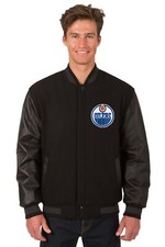 NHL Edmonton Oilers Wool Leather Reversible Jacket Front Patch Logos Black JHD