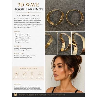 Gold 3D Wave Hoop Earrings | Trendy Statement Hoops