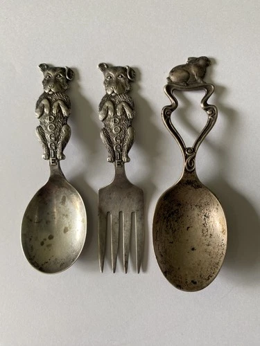 Sterling Silver Doggie and Bunny Baby Spoons & Fork by Weidlich and Lunt