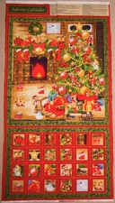 SEASON'S GREETINGS Advent Calendar Fabric Panel #103-418 Fireplace Tree Train