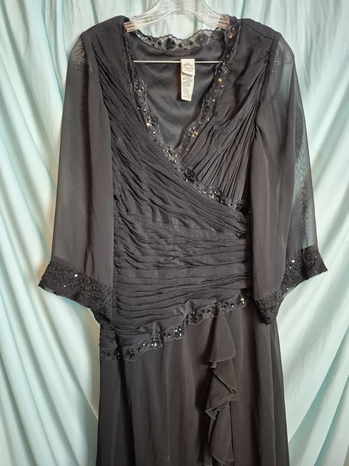 Vestido Vaina Midi Sangría Negro Sólido de Gasa Cuello en V Manga Abullonada Talla 20W Foto 2 de 4