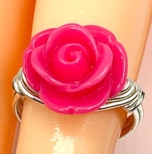 Ring Silver Tone Hot Pink Resin Rose on Silver Wire Wrapped Band. Size 5