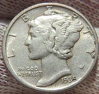 1935 P  U.S. 90% silver Mercury Dime with FREE shipping