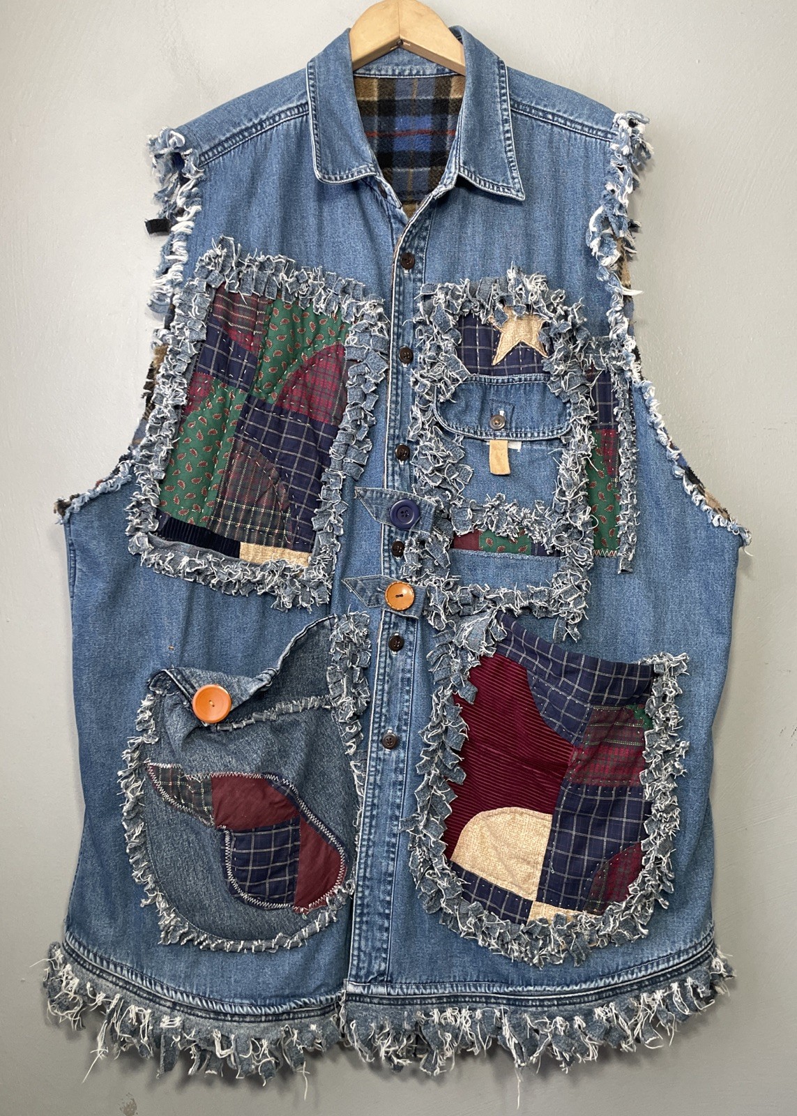 Upcycled Denim Vest Oversized Patchwork Pockets S… - image 1