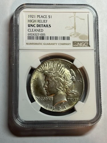 1921 High Relief $1 Silver Peace Dollar NGC UNC Details Cleaned Key Date
