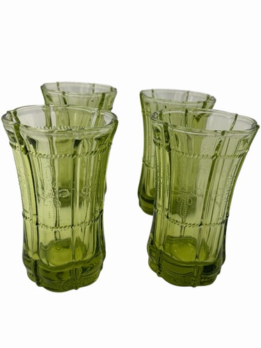 Vintage Heavy Green Drinking Glass Tumbler Vase - Rope & Bead Pattern 5"