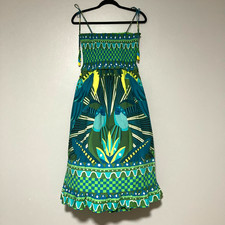 Farm Rio x Anthropologie 100% Cotton Midi Dress Smocked Cover-Up Blue Green