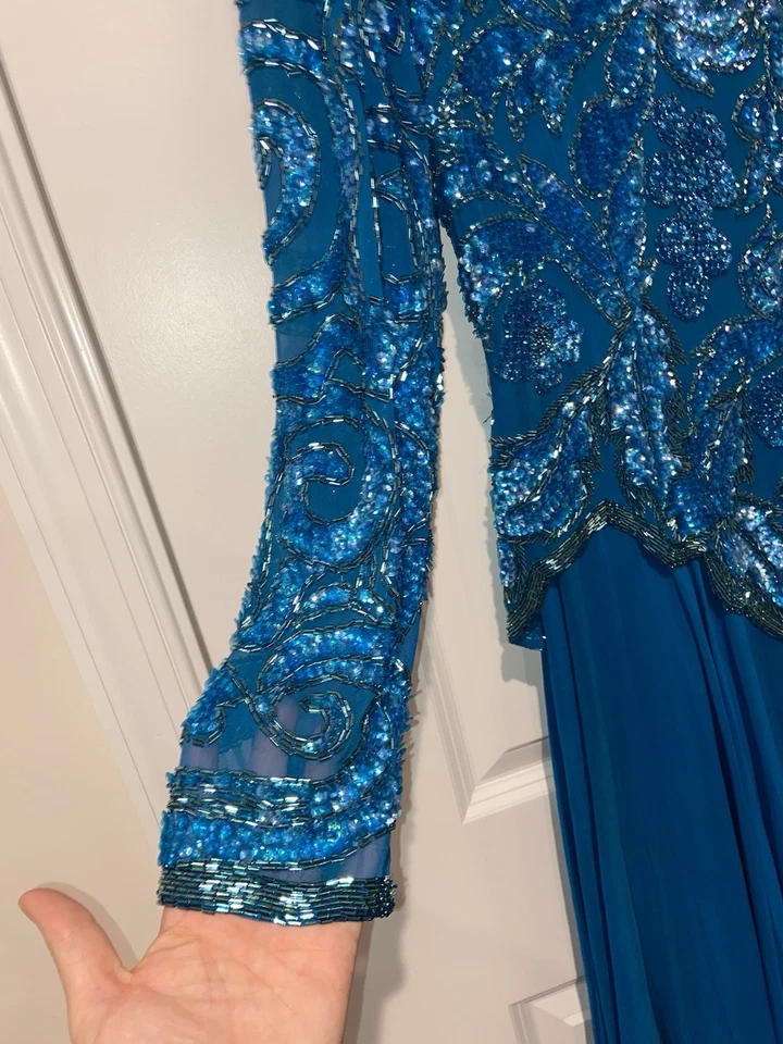 Raro Vestido Vintage Oleg Cassini Corbata Negra 100% Seda Cuentas Azul Talla 40 Foto 4 de 4