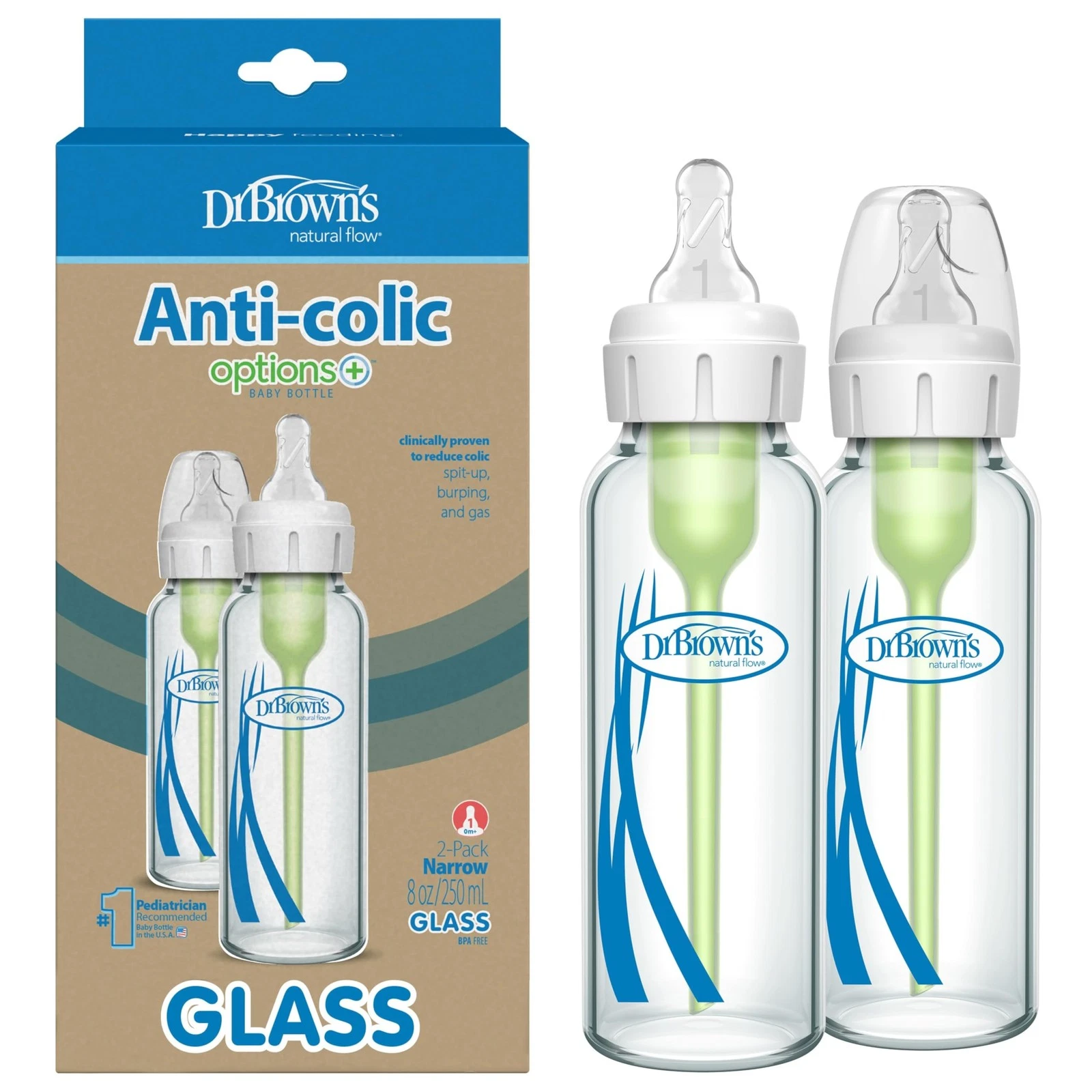 Dr. Brown's Anti-Colic Options+ Narrow Glass 8 Ounce, 2 Pack, Clear