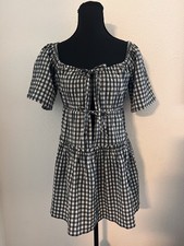 Ganni Black and White Seersucker Gingham Tie-Front Mini Dress Size 34