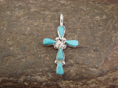 Native American Zuni Indian Sterling Silver Turquoise Cross Pendant by Vacit
