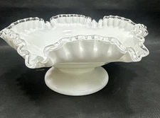 Vintage Fenton Silver Crest Ruffled Edge Candy Bowl Milk Glass on a Pedestal