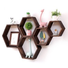 WONFUlity Hexagon Shelves for Wall Mounted, Wood Farmhouse Storage Honeycomb ...