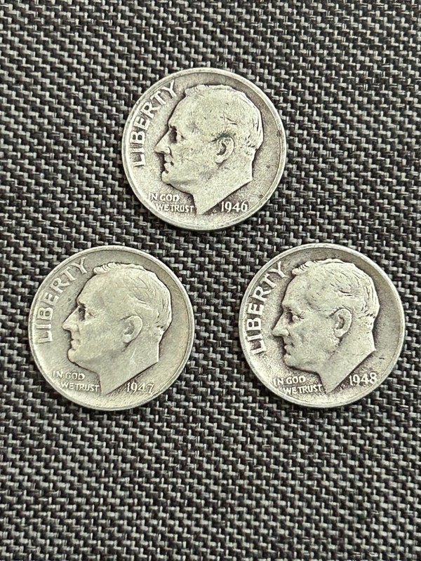Set Of 3  (1946/1947/1948) Dimes - 90% Silver - Rare -