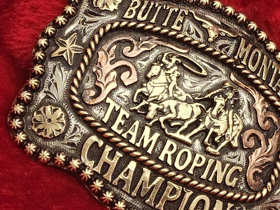 TEAM ROPING BUTTE MONTANA PRO RODEO CHAMPION TROPHY BUCKLE☆BUTTE☆RARE ...