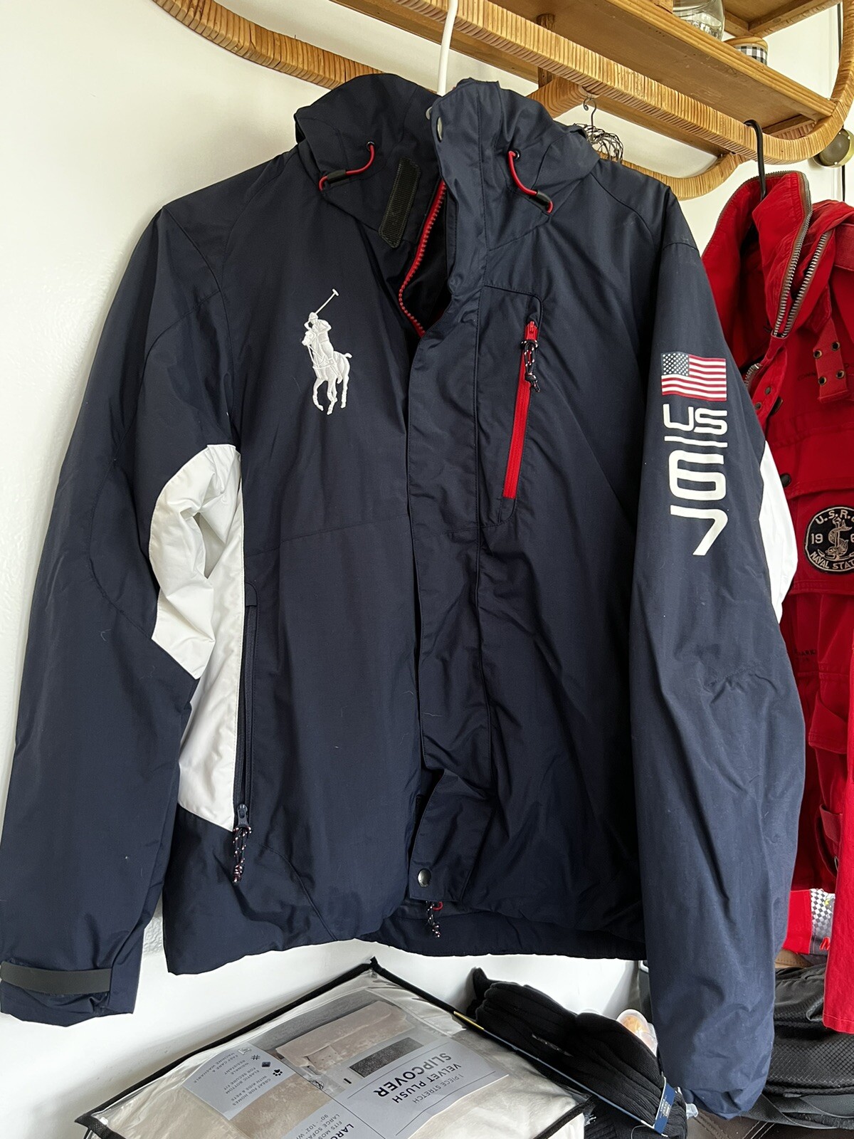 Ralph Lauren Sport Giacca Donna Rosso Bianco Blu Pony Bandiera USA Medium