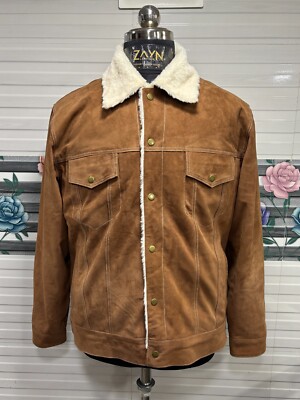 Men Shearling Faux Fur Lined Real Suede Leather Trucker Jacket