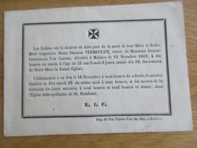 FAIRE PART DECES THERESE VERMEULEN 1841 CORNEILLE VAN CASTER ROMBAUT MECHELEN 