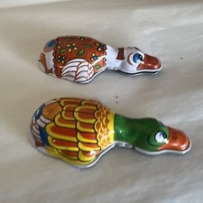 Vintage Tin lithograph Duck Clicker Toy, 1960-1970's. Noisemaker. Pair