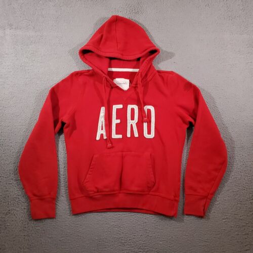 Aeropostale Hoodie Womens Large Red White Spell Out Vneck Pullover Sweatshirt - 第 1/11 張圖片