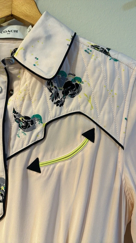 Coach 1941 Western Print Silk Dress Long Sleeves Size 2 Pockets Neon Accents - Image 4 of 4