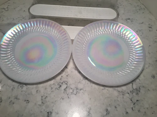 VINTAGE Federal Milk Glass Iridescent Moonglow 2 Dinner Plates Irridescent
