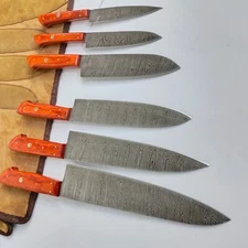 Custom made Damascus Steel kitchen/chefs knife set with leather bag 1071-OR