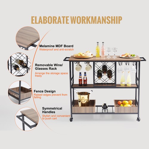 VEVOR 3-Tier Bar Serving Cart Rolling Trolley with Wine Grid Glass Holder 300LBS - Picture 5 of 12