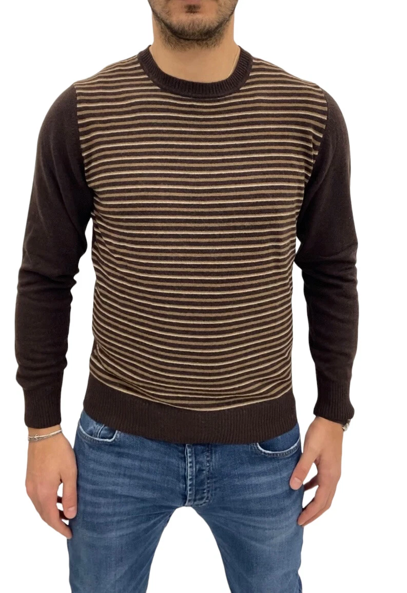 Maglione uomo Girocollo grigio in lana con righe sul fondo slim fit made in italy - Carillo Moda | Abbigliamento uomo e donna, scarpe e accessori