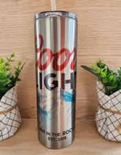SILVER COORS LIGHT BEER CAN DRINK 20 OZ STAINLESS STEEL TUMBLER CUP +LID & STRAW