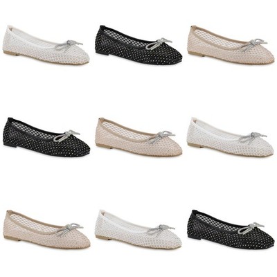Damen Klassische Ballerinas Strass Schleife Glitzer Schuhe 841693 Mode