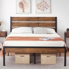Full Size Bed Frame w/ Wood Headboard Metal Bed Frame ,Strong Wood Slats Support