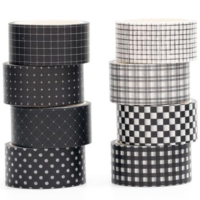 Black Grid Washi Tape Set 8 Rolls Plaid Decorative Masking Tapes for Arts, DI...
