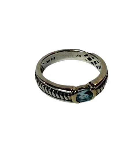 Vintage cable -style 925 Silver Ring with 14k gold and blue gemstone size 8 1/4