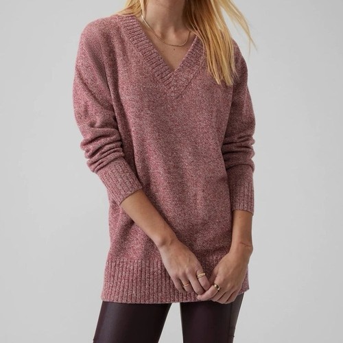 Athleta Vital V-Neck Tunic Sweater Wool Cashmere Mulberry Size Small