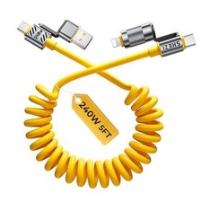 4 in 1 Coiled USB C Cable,Super Fast USBC Car Charger 240W Yellow Coiled Cable