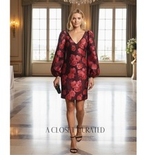 BHLDN Aliana Long Sleeve V Neck Floral Organza Mini Dress XS Red NWT