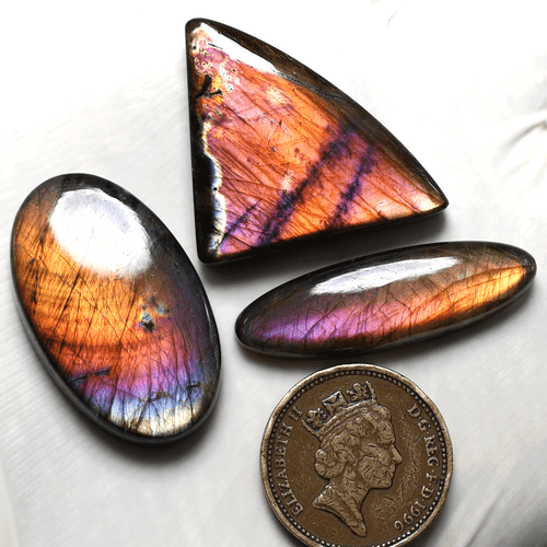 Gold Lila Aurora ~ 3 Stück Natürlicher Spektrolith 35mm-38mm Cabochon Edelsteine Lot - Bild 1 von 10