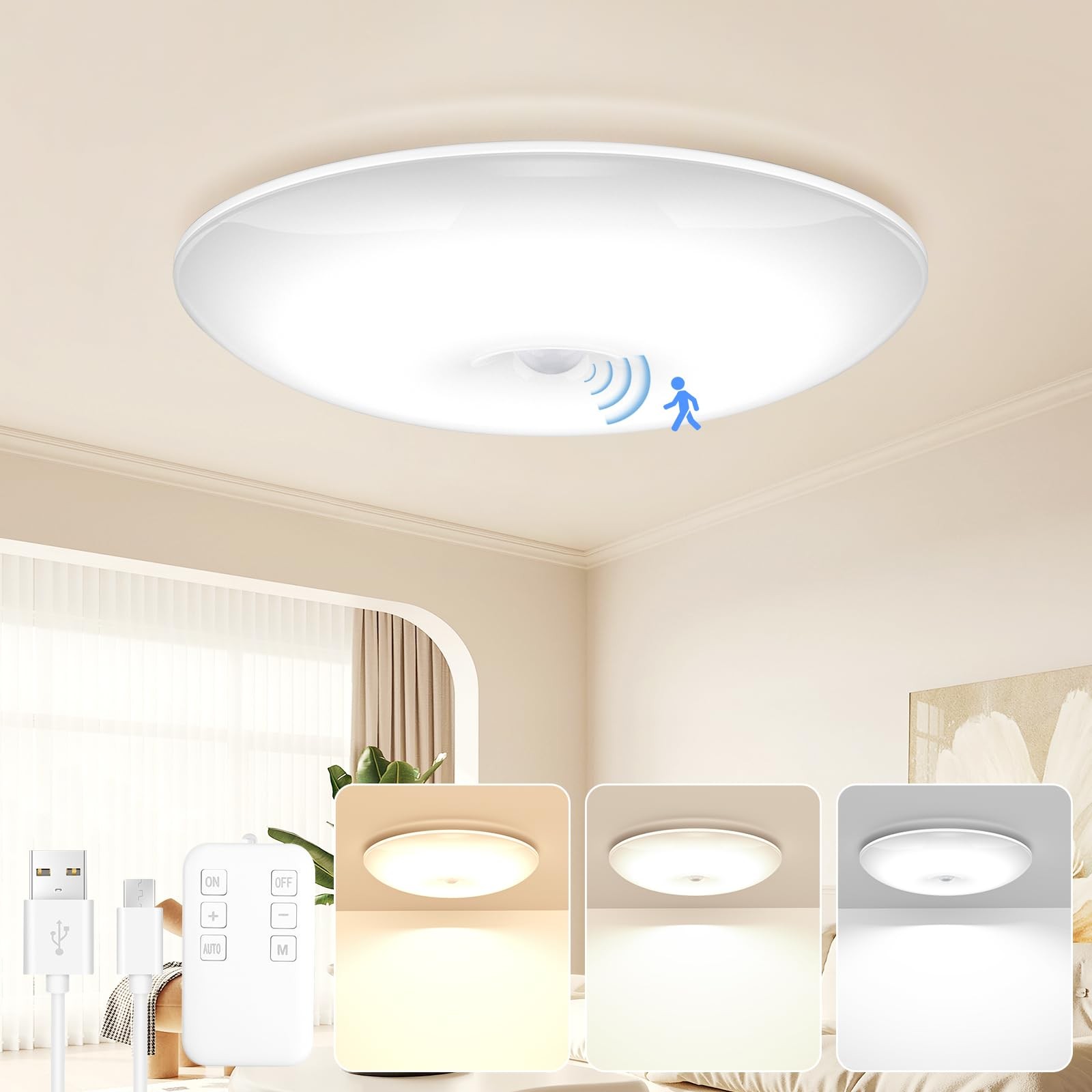 Lampe plafonnier avec detecteur de mouvement 20cm LED sans fil