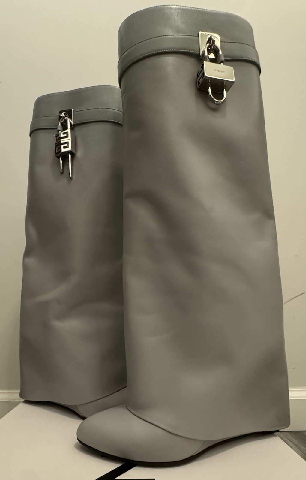 Givenchy Shark Lock Gray Leather Knee High Pointed Toe Wedge Boots Size 41 EU thumbnail 5